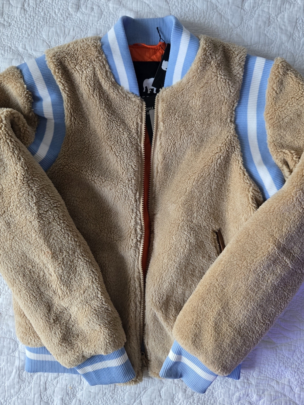 American Stitch Tan Teddy Bomber Jacket with Light Blue Trim